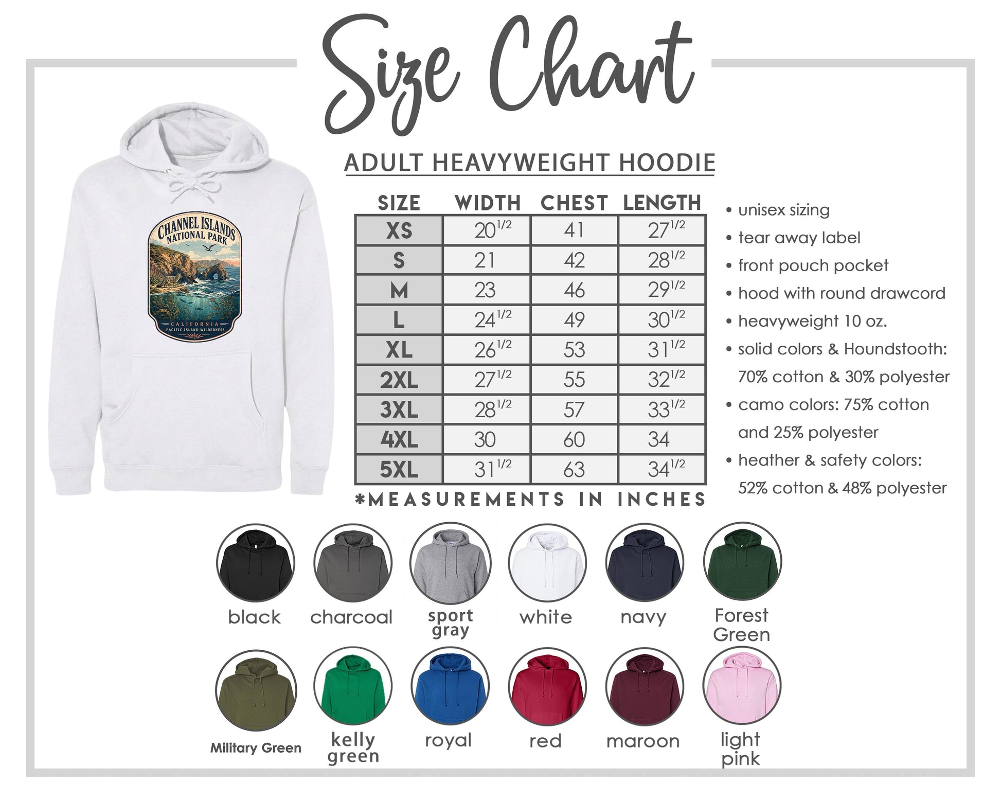 The image is a size chart for an adult heavyweight hoodie, including various color options and measurements in inches.