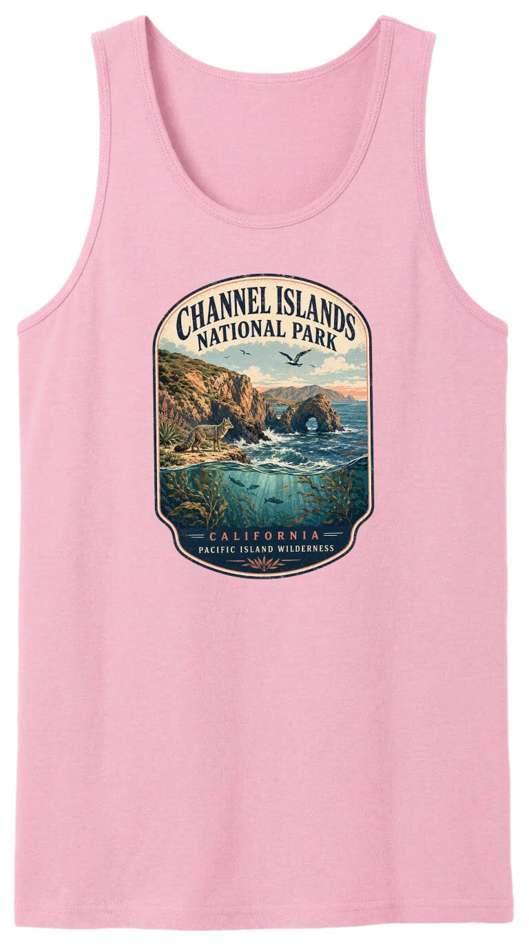 A pink tank top with a graphic design depicting the Channel Islands National Park in California, featuring a scenic landscape with cliffs, water, and wildlife.