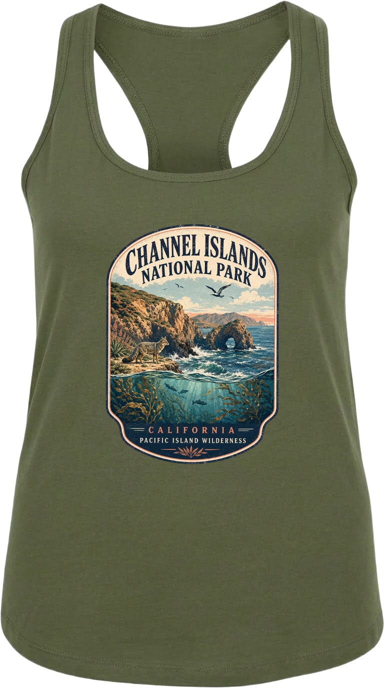 A green tank top with a graphic design depicting the Channel Islands National Park in California, featuring a scenic landscape with cliffs, water, and wildlife.