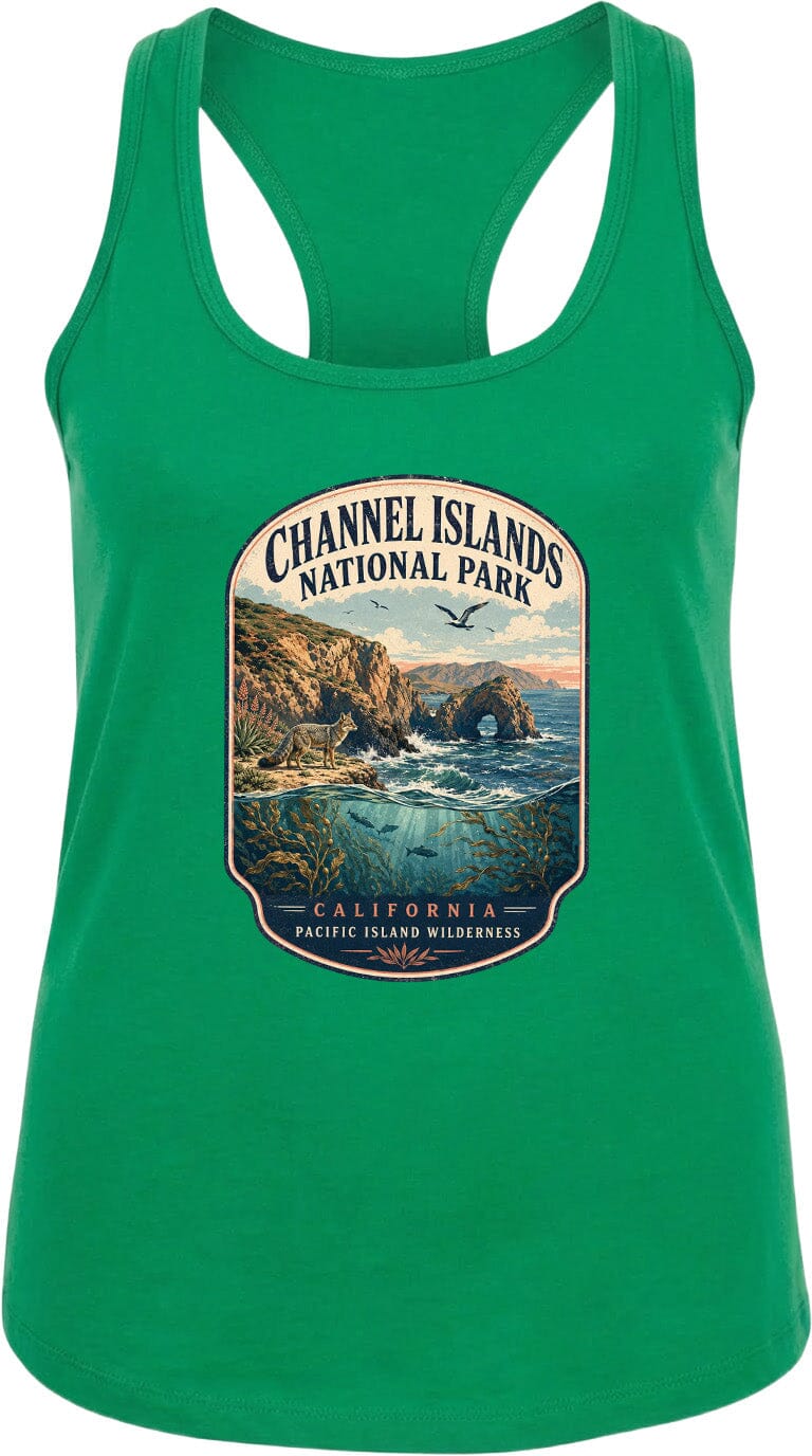A green tank top with a graphic design depicting the Channel Islands National Park in California.