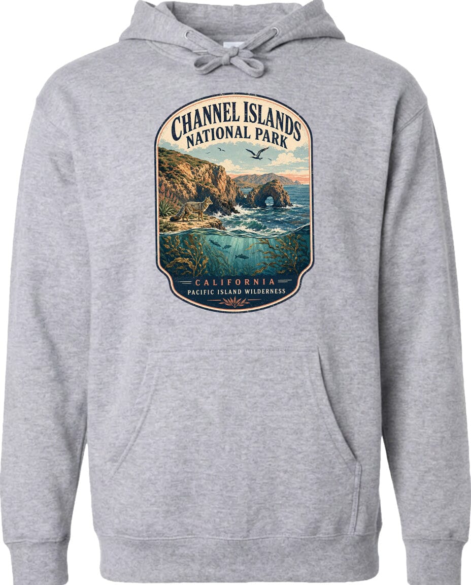 A gray hoodie with a graphic design depicting a scenic landscape featuring a rocky coastline, a waterfall, and a bird in flight.