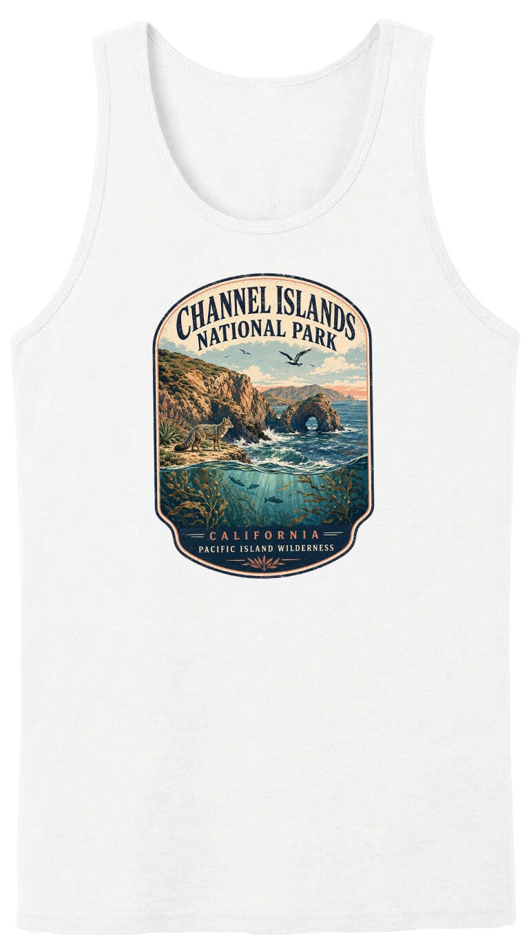 A white tank top with a graphic design depicting a scenic landscape with cliffs, water, and a bird in flight.