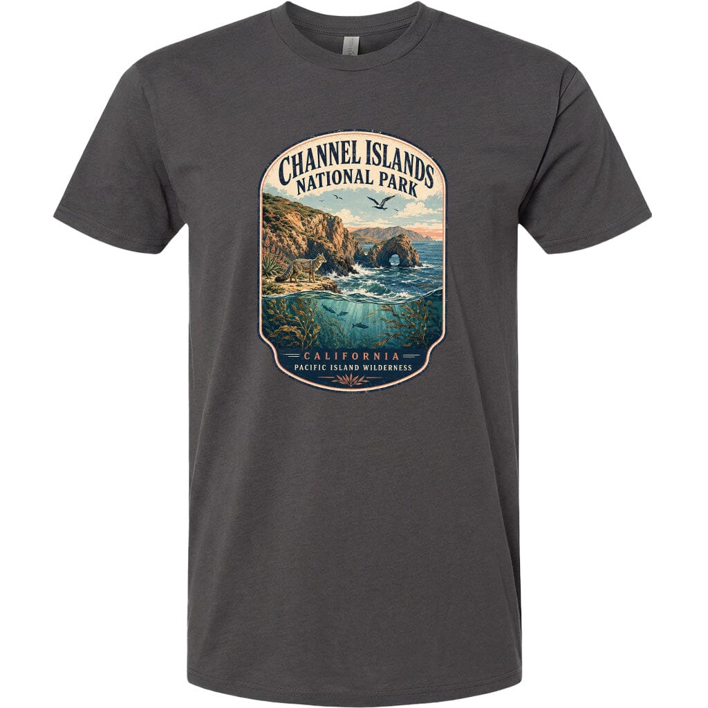 A graphic t-shirt design featuring a scenic landscape with cliffs, water, and a bird in flight, along with the text "Channel Islands National Park, California, Pacific Island Wilderness".