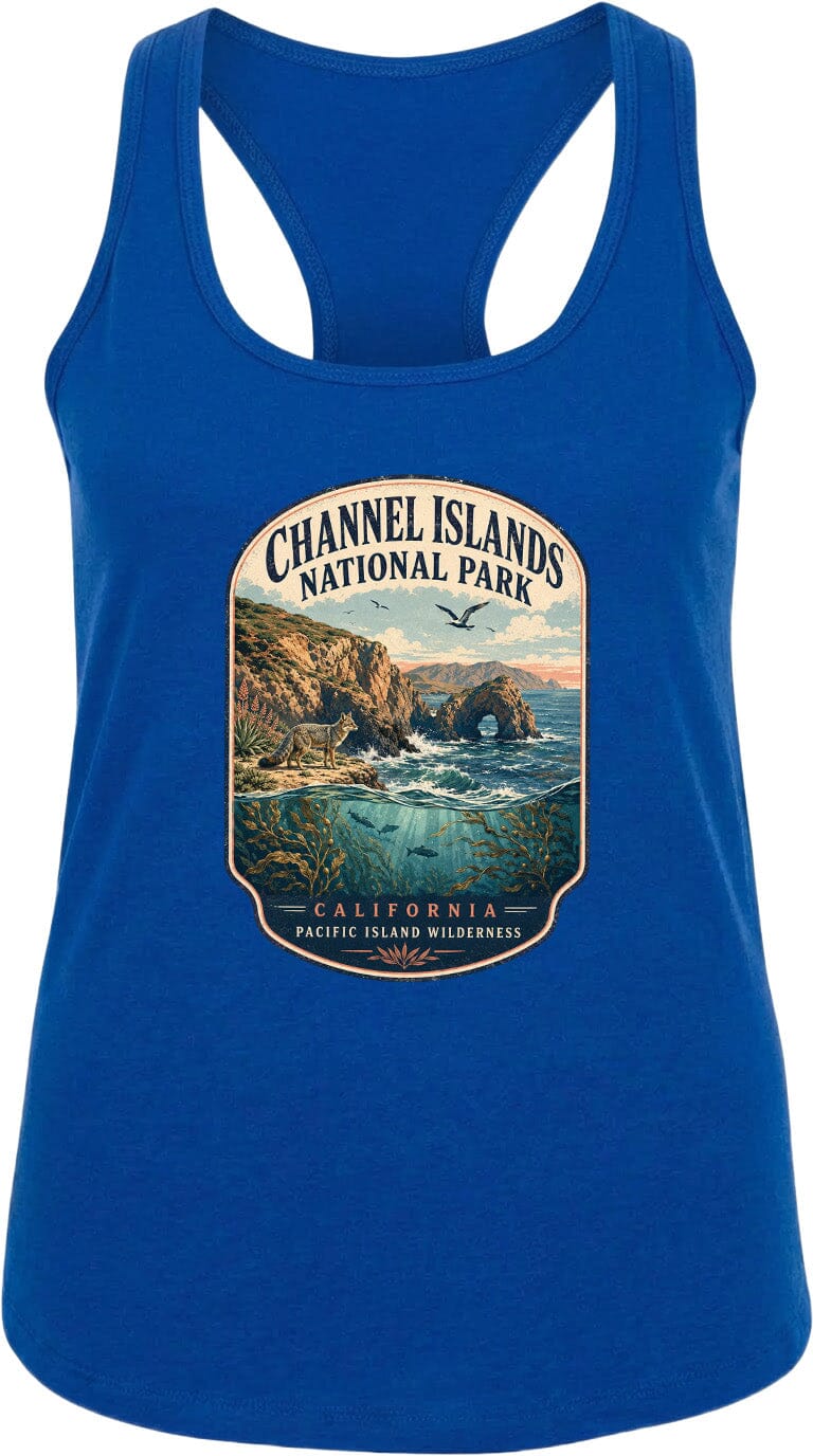 A blue tank top with a graphic design depicting the Channel Islands National Park in California, featuring a scenic landscape with cliffs, water, and wildlife.