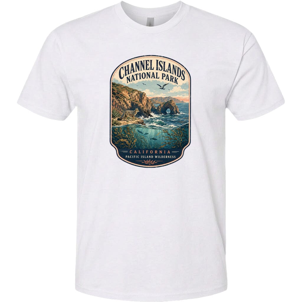 A white t-shirt with a graphic design depicting a scenic coastal landscape with cliffs, water, and wildlife.