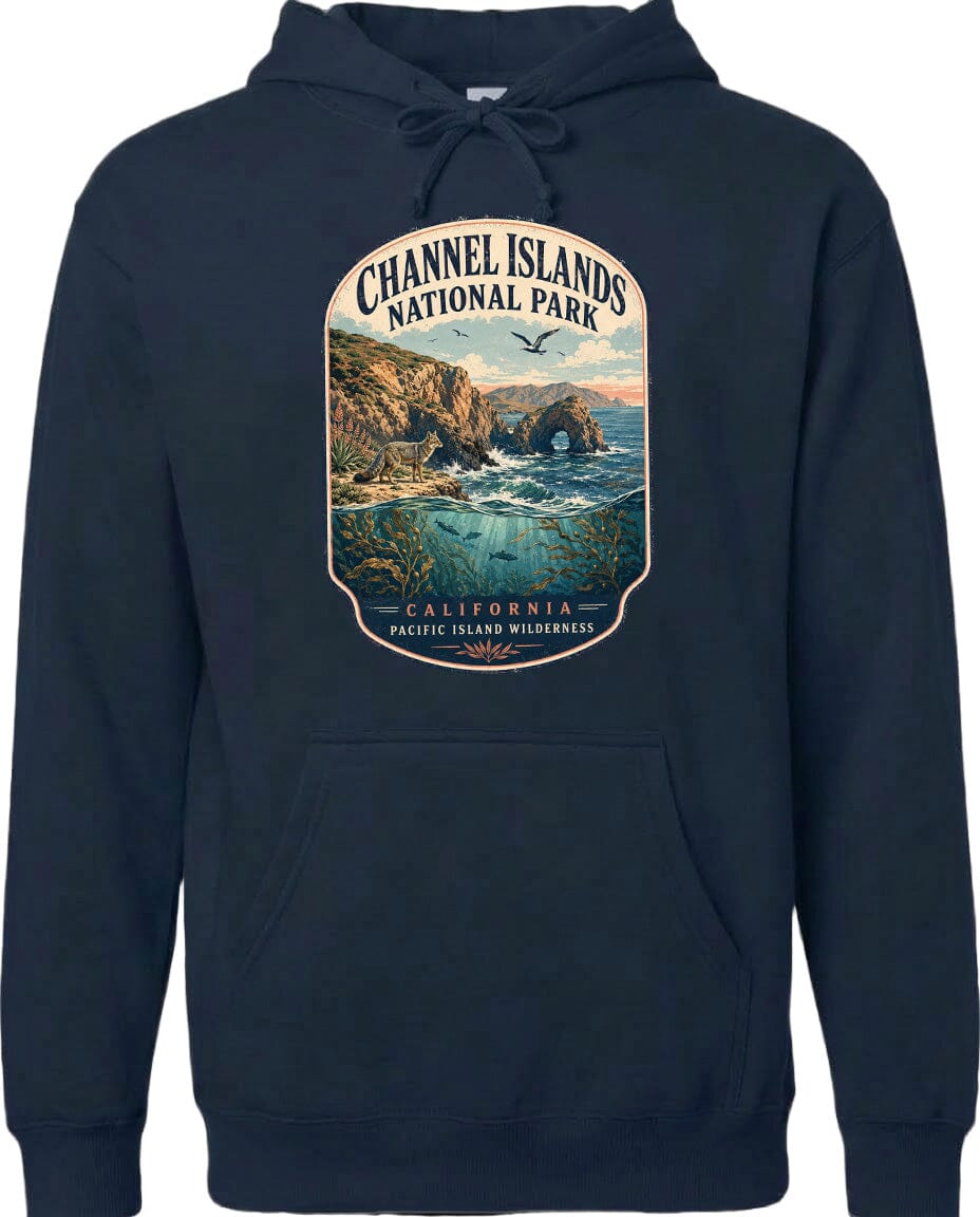 A hoodie with a graphic design depicting a scenic landscape with cliffs, water, and a bird in flight. The text on the hoodie reads "Channel Islands National Park, California, Pacific Islands Wilderness".