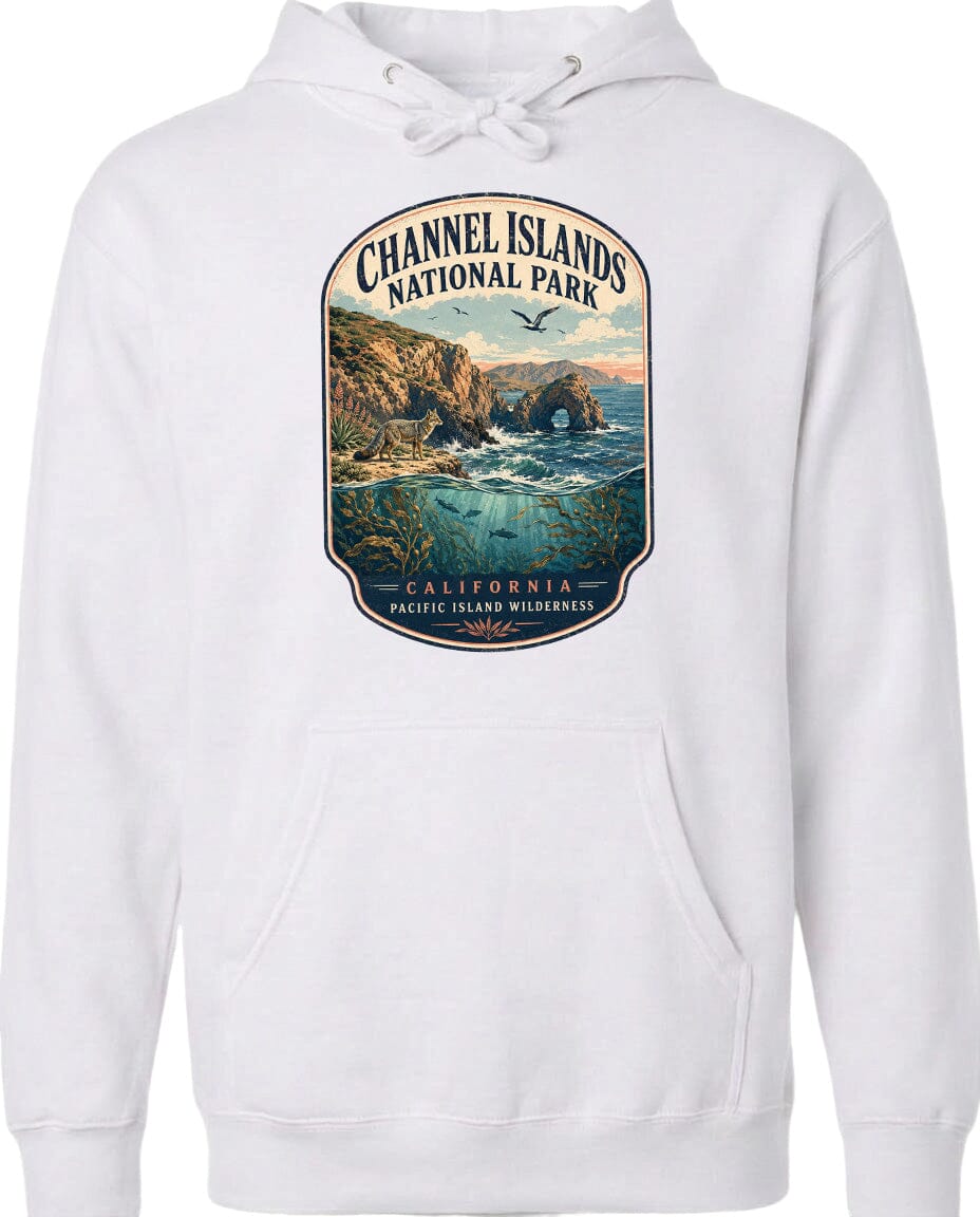 A white hoodie with a graphic design depicting a scenic landscape featuring a coastal area, mountains, and a body of water.