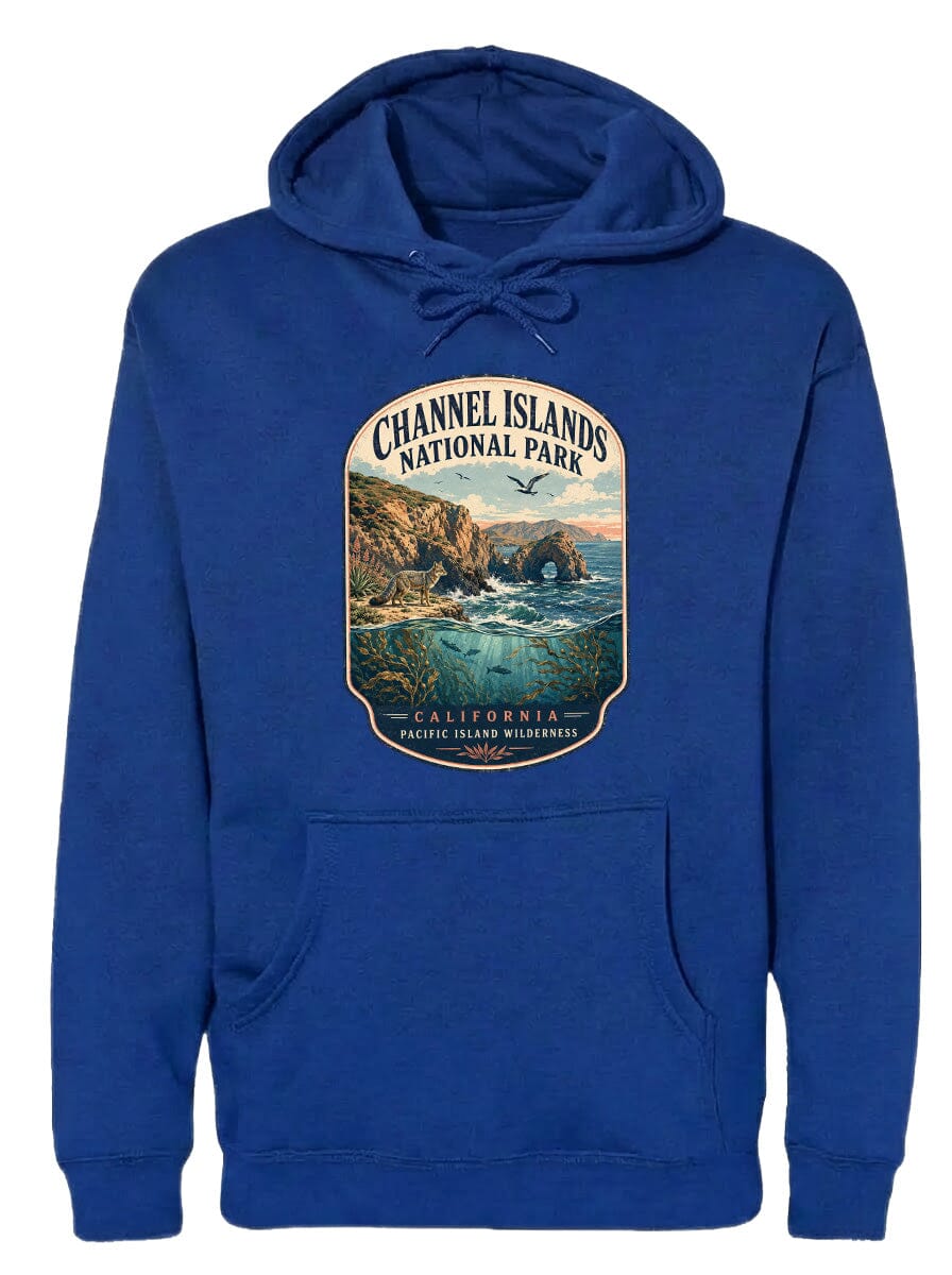 A blue hoodie with a graphic design depicting a scenic landscape, including a coastal area with cliffs, water, and a bird in flight.