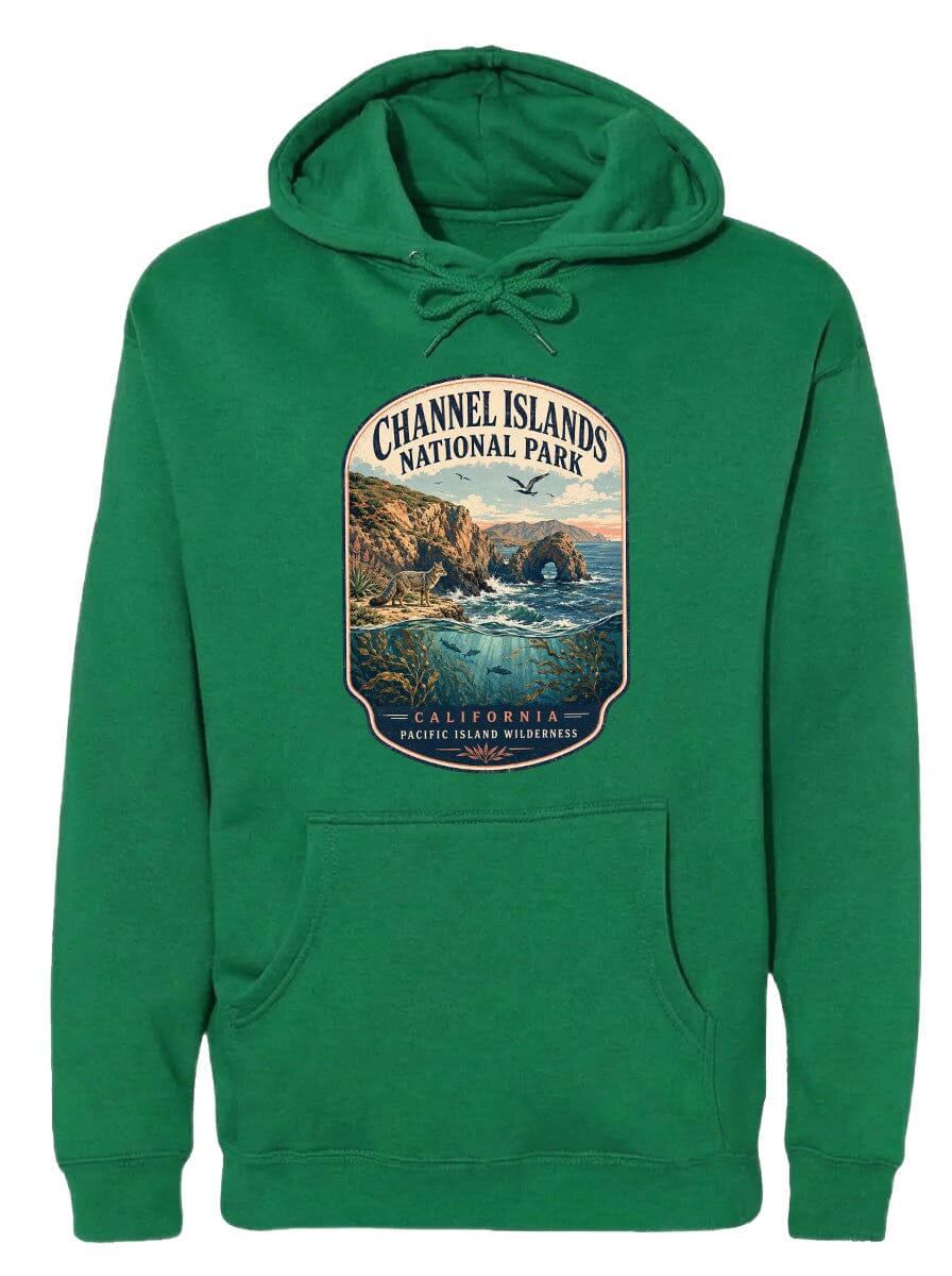 A green hoodie with a graphic design depicting a scenic landscape, including a body of water, mountains, and a bird in flight.