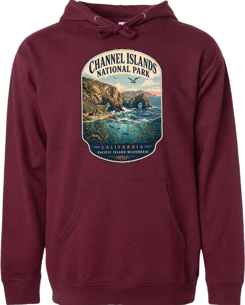 A maroon hoodie with a graphic design depicting a scenic landscape, including a rocky coastline, ocean, and mountains, along with the text "Channel Islands National Park, California, Pacific Island Wilderness Area".