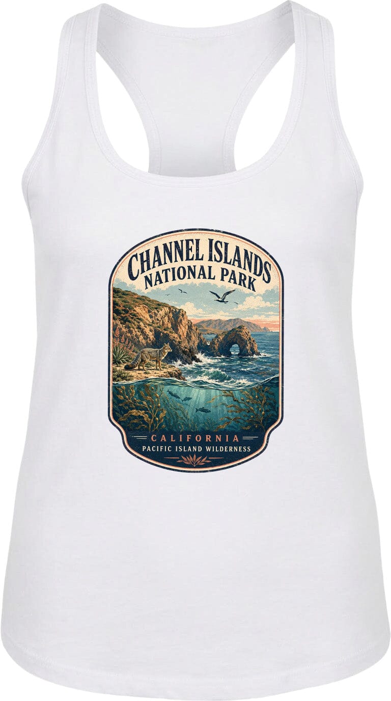 A white tank top with a graphic design depicting the Channel Islands National Park in California, featuring a scenic landscape with cliffs, water, and wildlife.