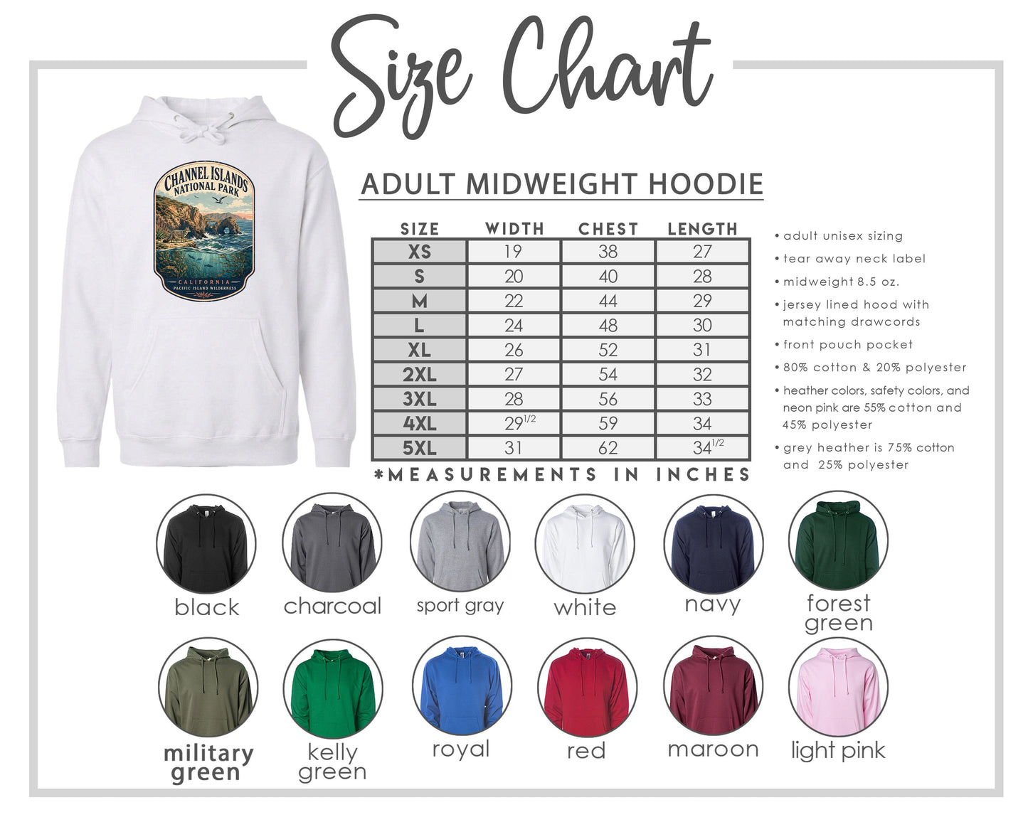 The image is a size chart for an adult midweight hoodie, including various color options and corresponding measurements in inches.