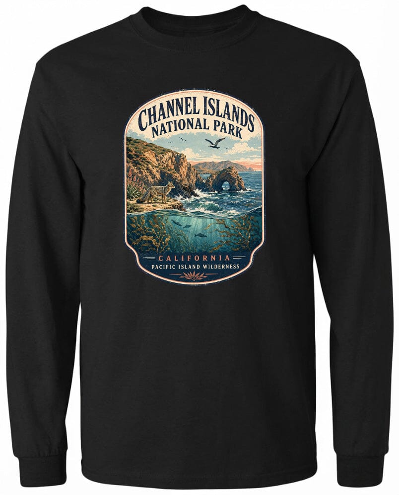 A black long-sleeved t-shirt with a graphic design depicting a scenic landscape featuring a coastal area, mountains, and a body of water.