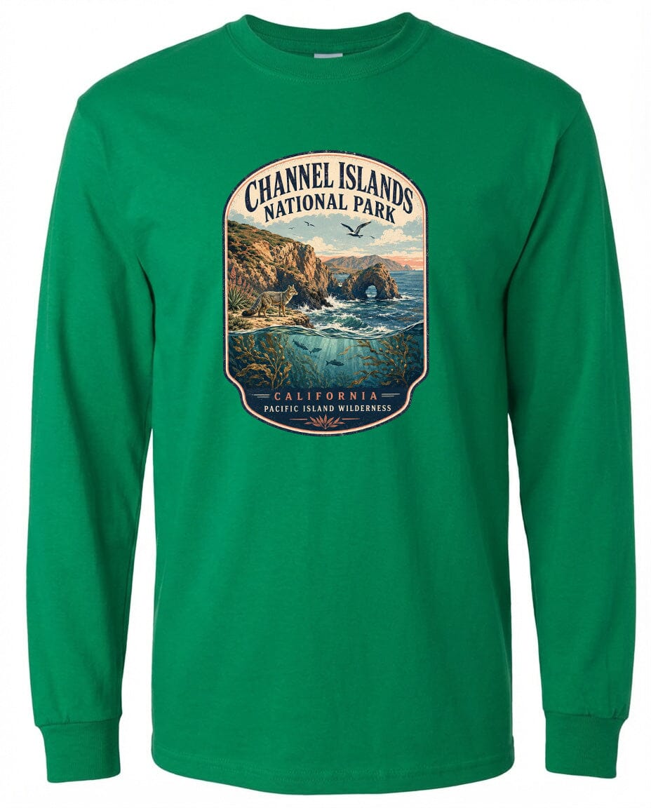 A green long-sleeved t-shirt with a graphic design depicting a scenic landscape featuring a coastal area, mountains, and a body of water.