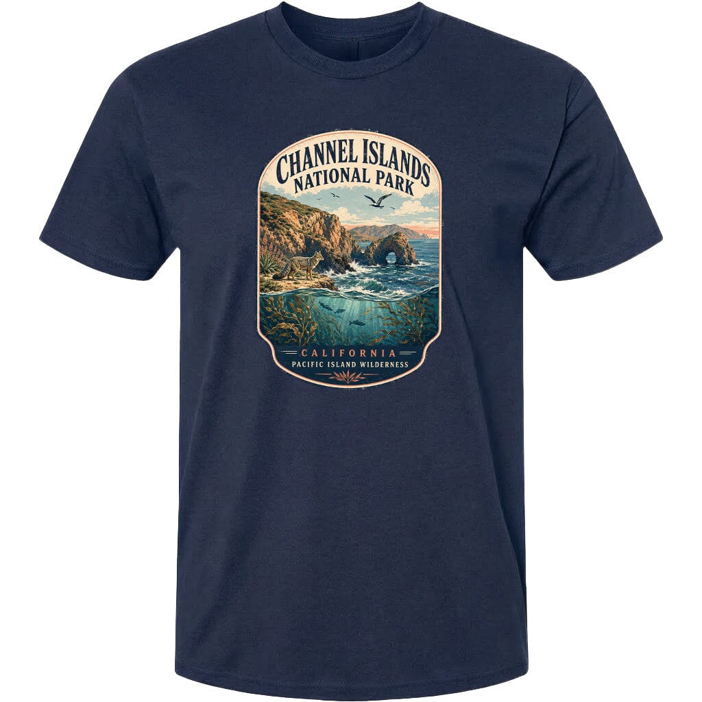 A graphic t-shirt design featuring a scenic landscape with a coastal area, cliffs, and water.