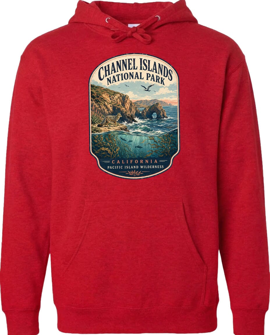 A red hoodie with a graphic design depicting a scenic landscape, including a rocky coastline, ocean, and mountains, along with the text "Channel Islands National Park, California, Pacific Island Wilderness Area".