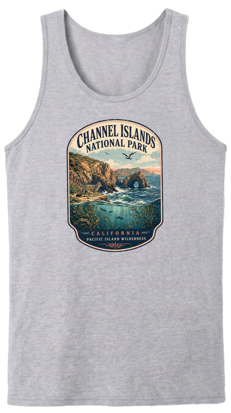 A gray tank top with a graphic design depicting a scenic landscape featuring a coastal area, mountains, and a body of water.