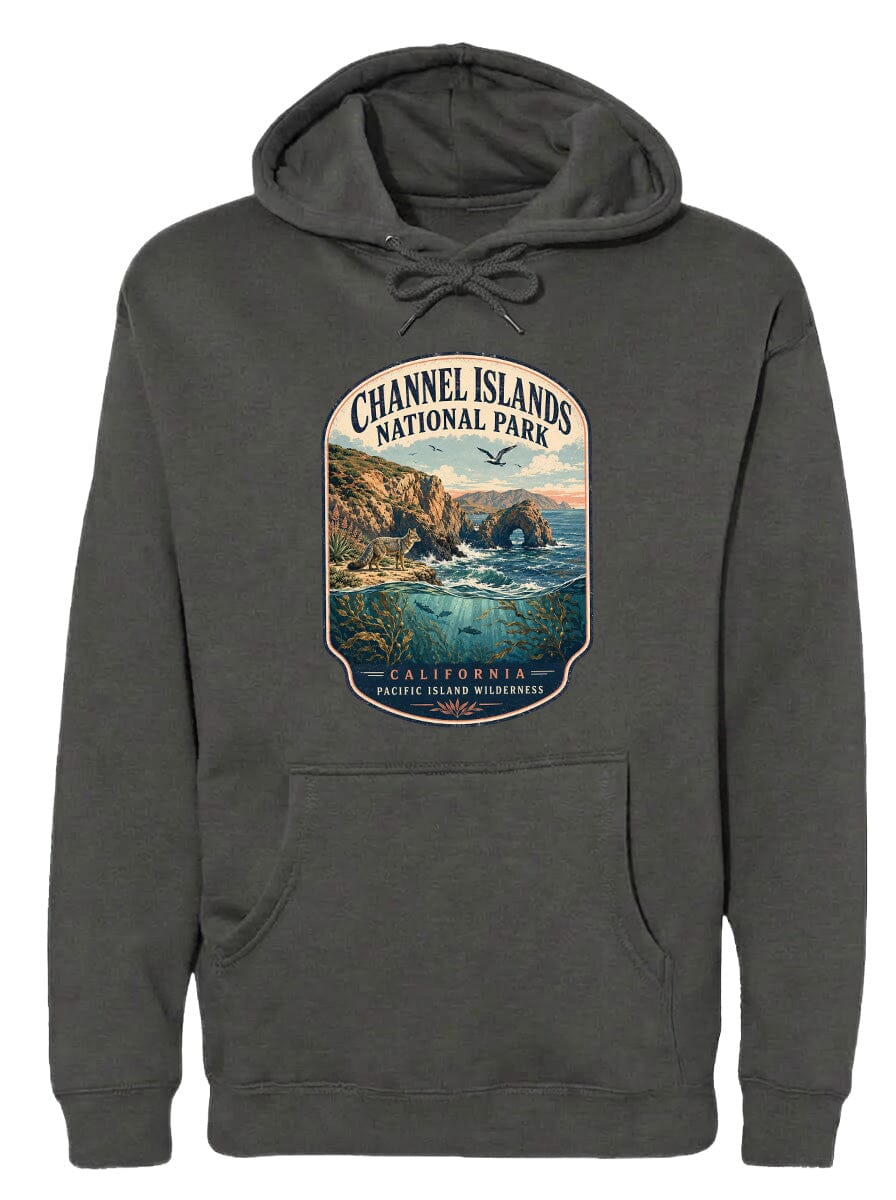 A hooded sweatshirt with a graphic design depicting a scenic landscape, including a coastal area with cliffs, water, and a bird in flight.