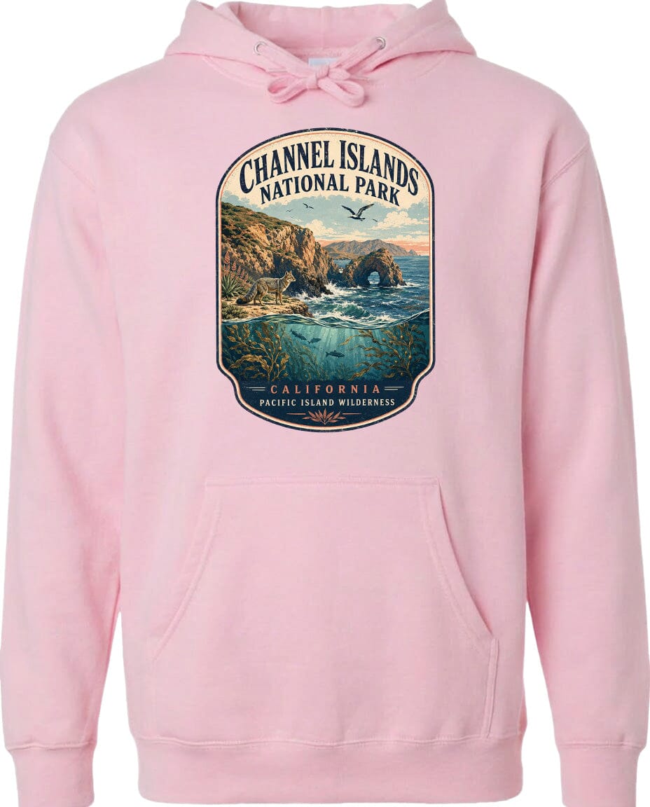 A pink hoodie with a graphic design depicting a scenic landscape, including a rocky coastline, ocean, and mountains, along with the text "Channel Islands National Park, California, Pacific Island Wilderness".