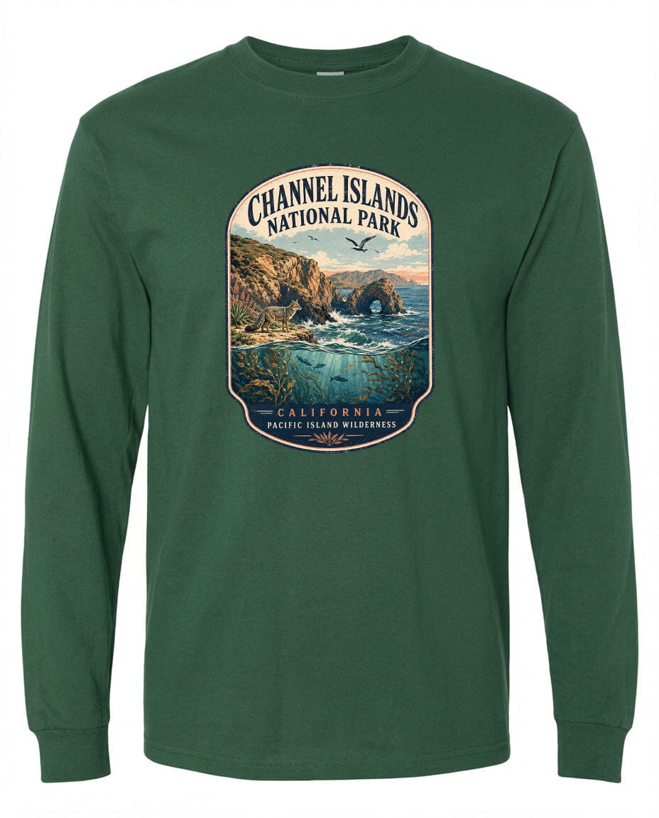 A green long-sleeved t-shirt with a graphic design depicting a scenic landscape featuring a rocky coastline, ocean, and mountains.