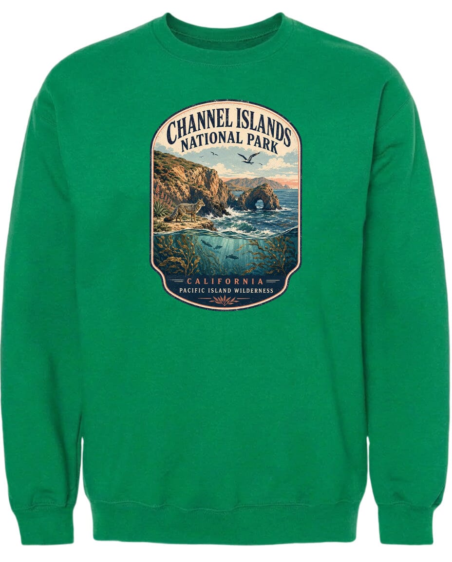 A green sweatshirt with a graphic design depicting a scenic landscape with cliffs, water, and birds.
