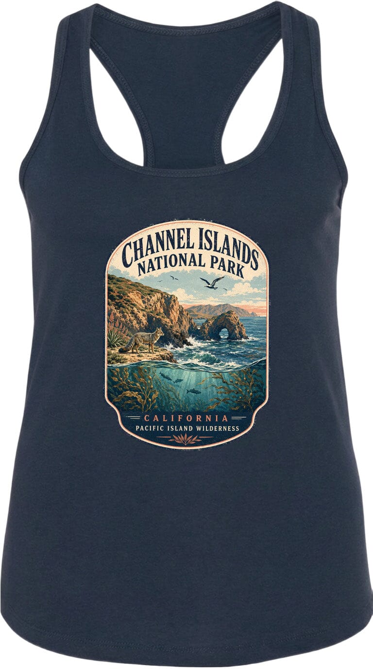 A graphic design on a dark tank top featuring a scenic landscape with mountains, cliffs, and a body of water, along with the text "Channel Islands National Park, California, Pacific Island Wilderness".