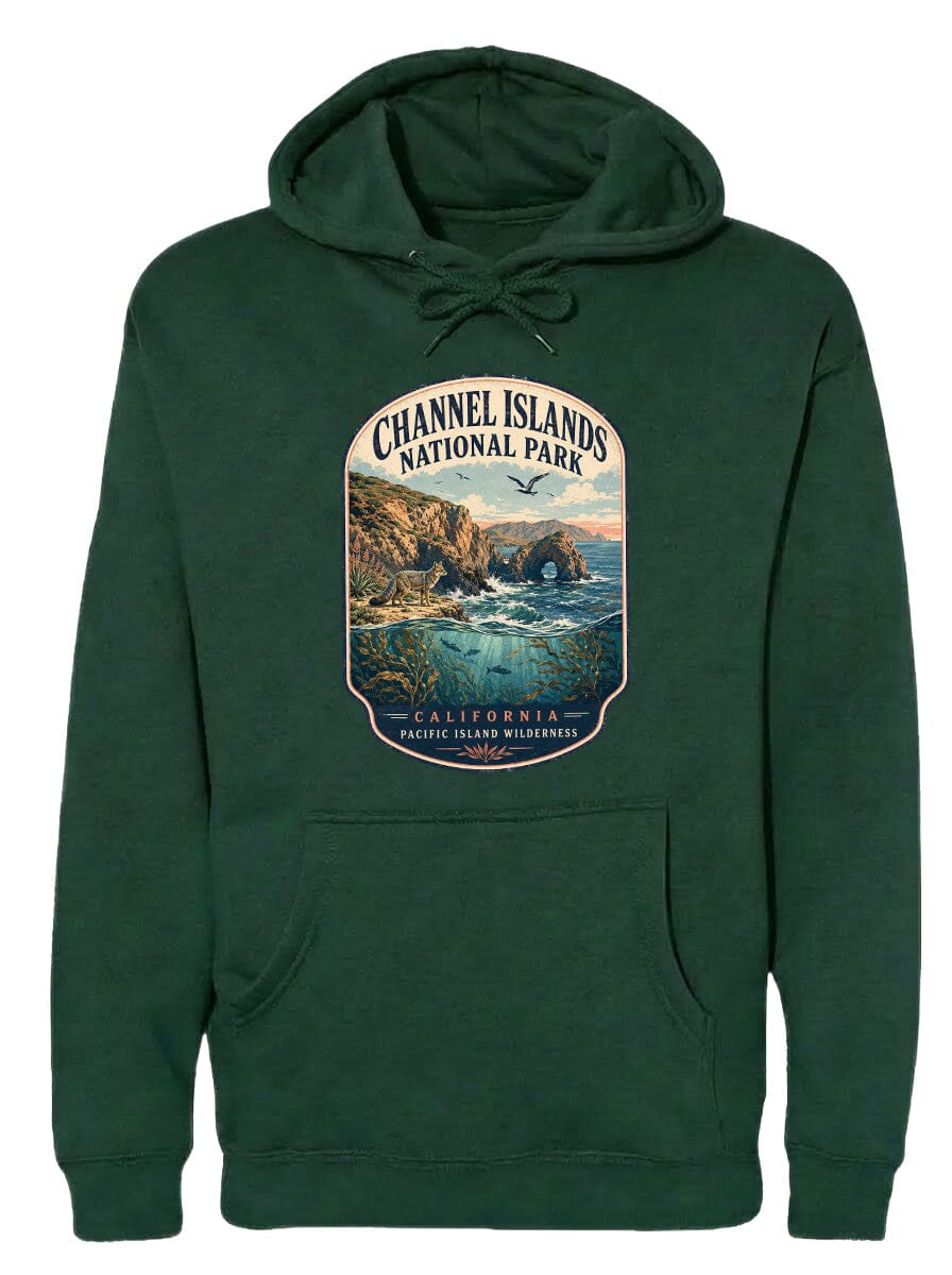 A green hoodie with a graphic design depicting a scenic landscape, including a body of water, mountains, and a bird in flight.