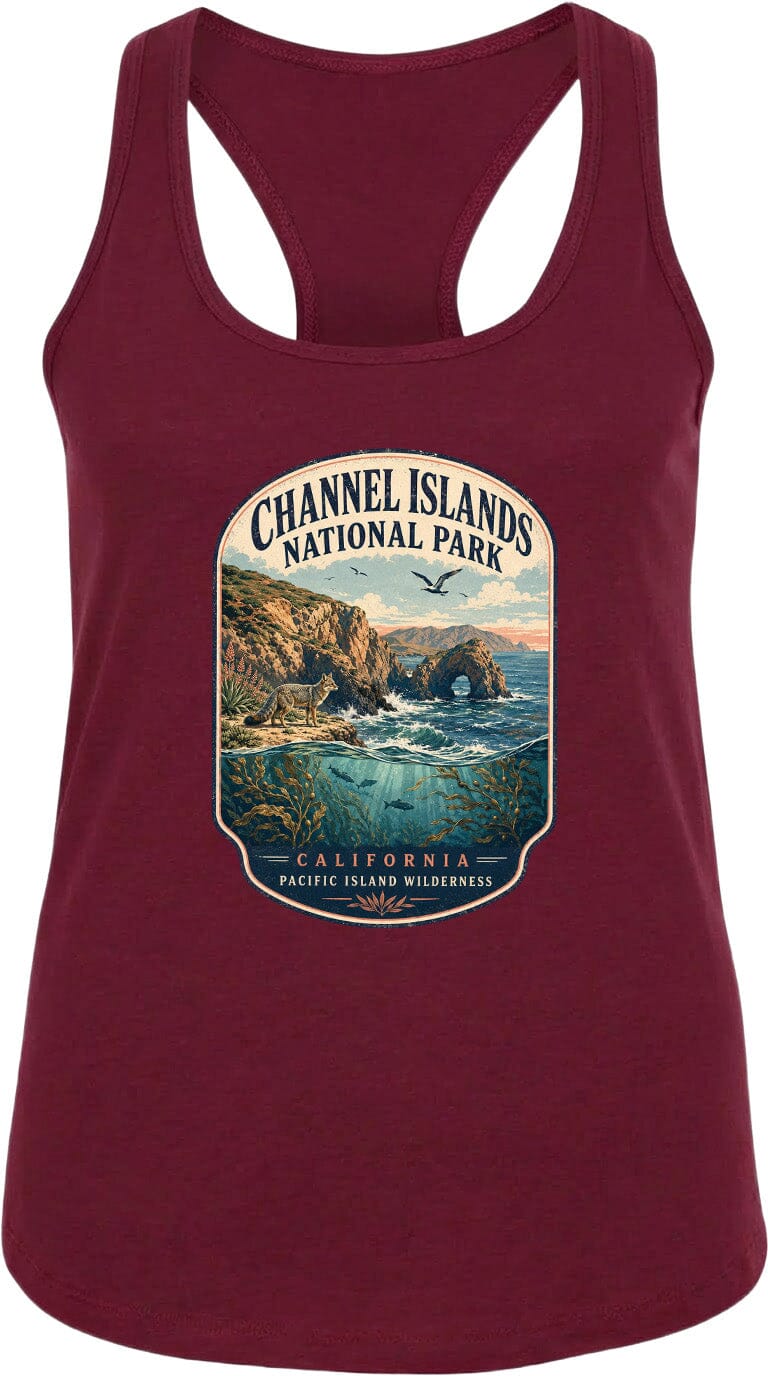 A red tank top with a graphic design depicting the Channel Islands National Park in California, featuring a scenic landscape with cliffs, water, and wildlife.