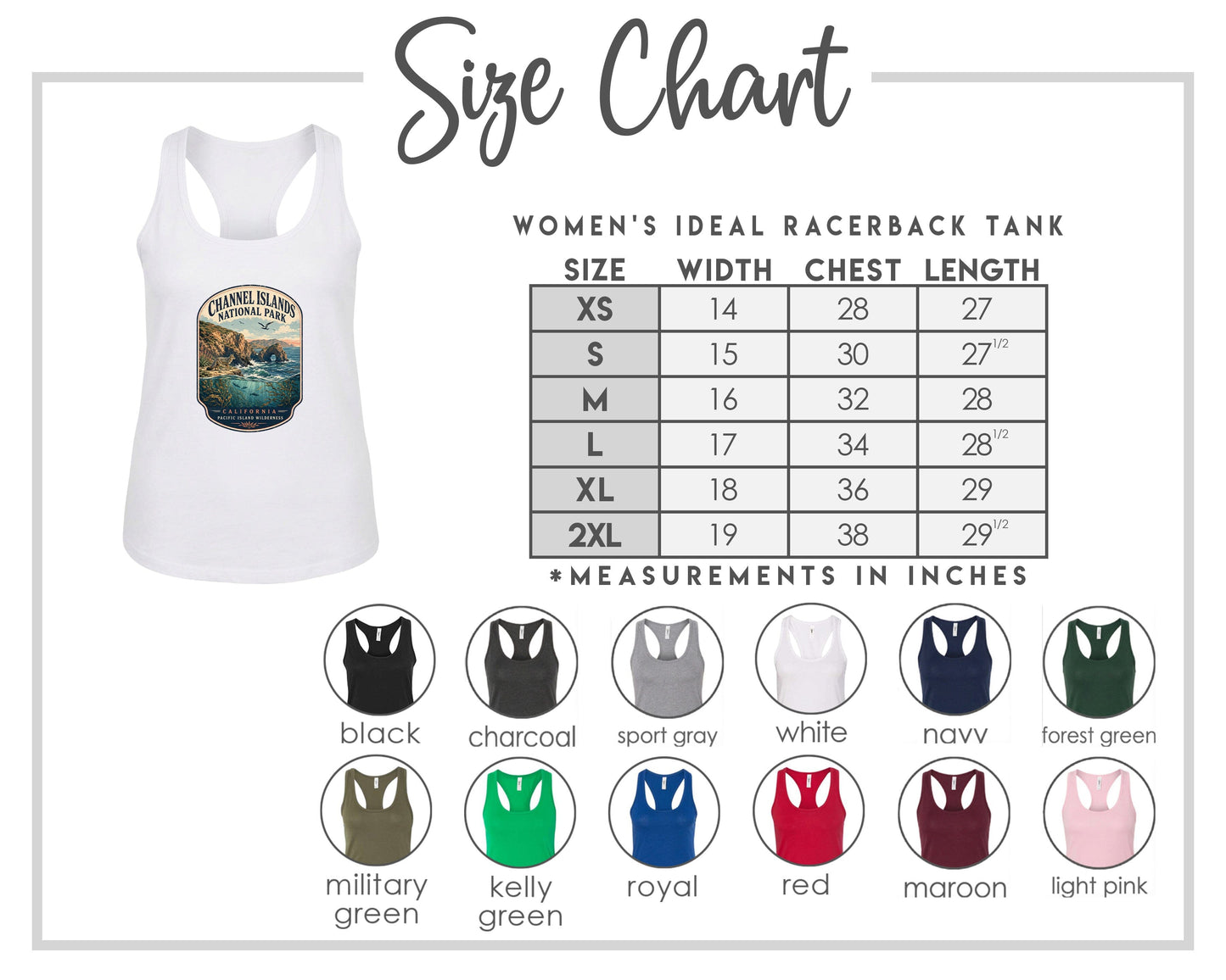 The image is a size chart for a women's ideal racerback tank, including a white tank with a graphic design and a table with size and chest length measurements.