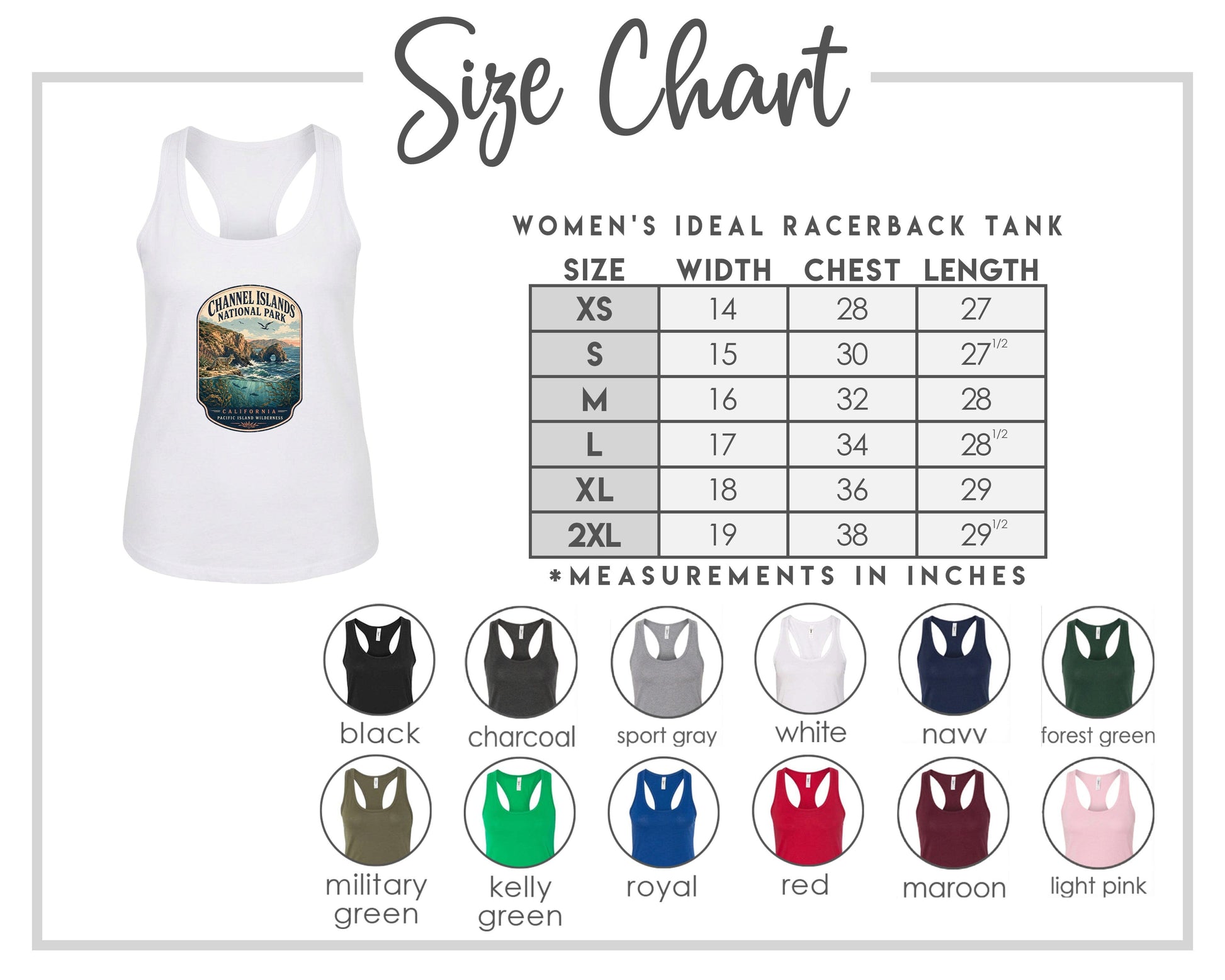 The image is a size chart for a women's ideal racerback tank, including a white tank with a graphic design and a table with size and chest length measurements.