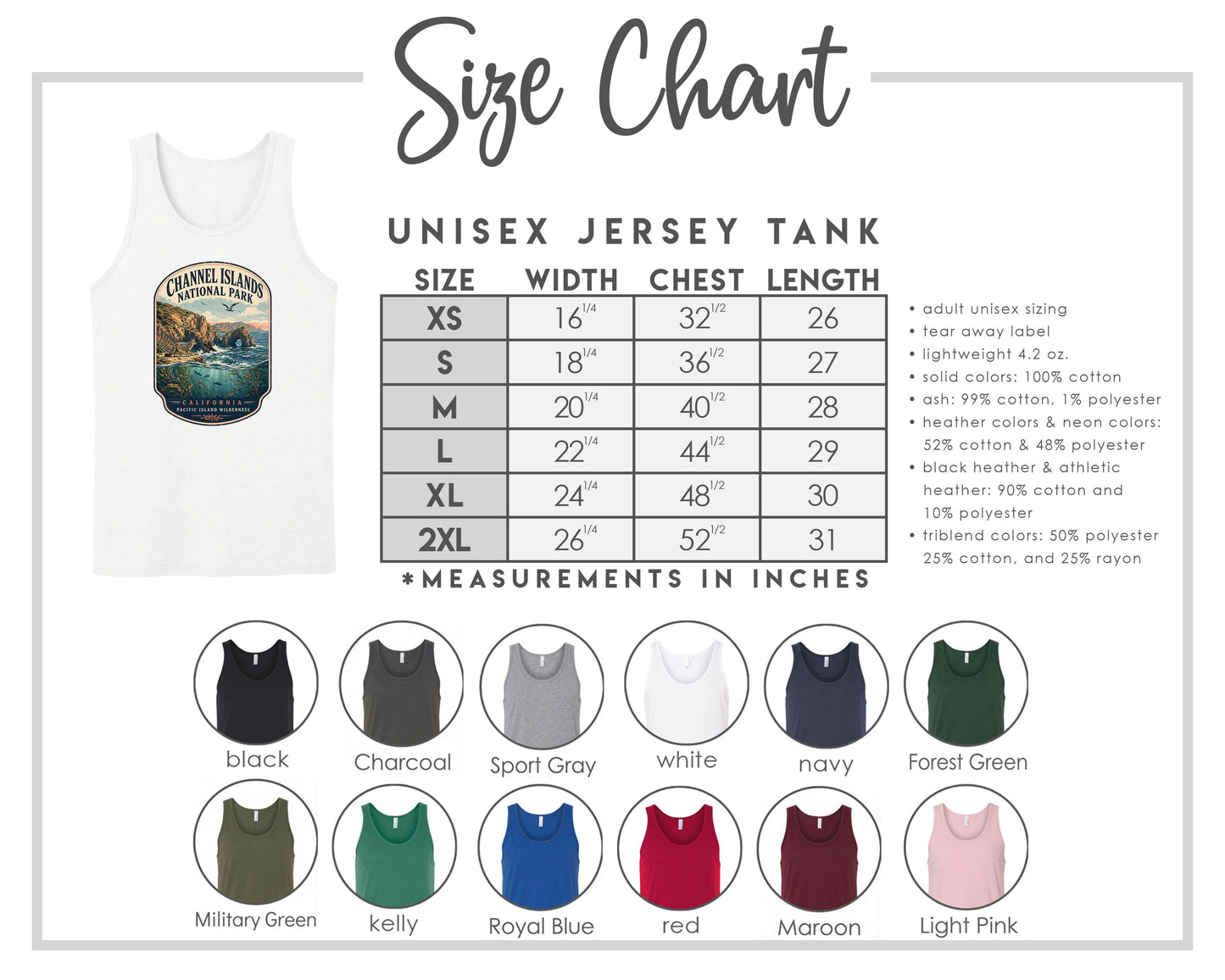 The image is a size chart for a unisex jersey tank, providing measurements for chest length, waist, and hip width. It includes a variety of tank colors and styles, such as black, charcoal, sport gray, navy, forest green, and more.