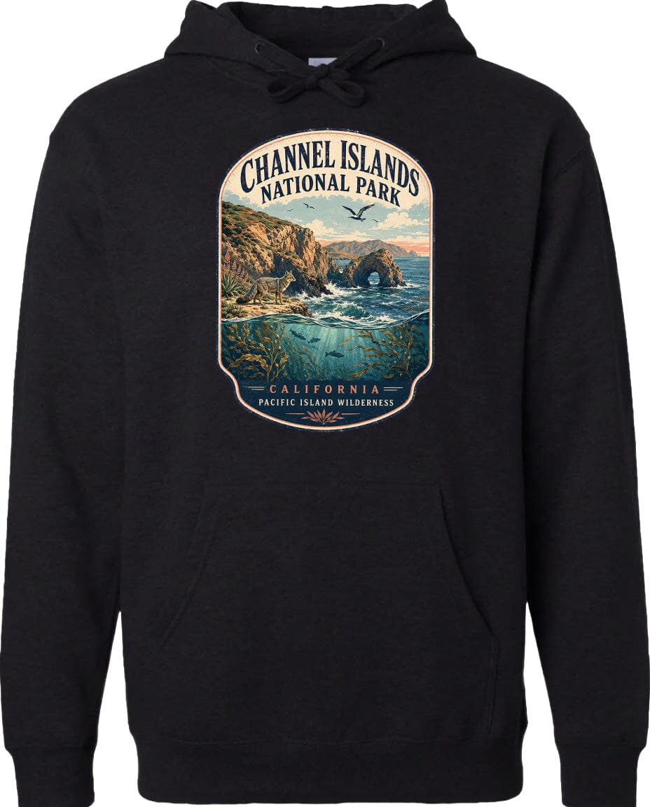 A black hoodie with a graphic design depicting a scenic landscape featuring a coastal area with cliffs, water, and a bird in flight.