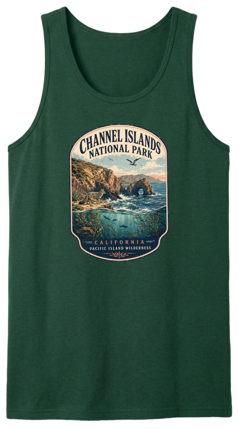 A green tank top with a graphic design depicting a scenic landscape with cliffs, water, and a bird in flight.