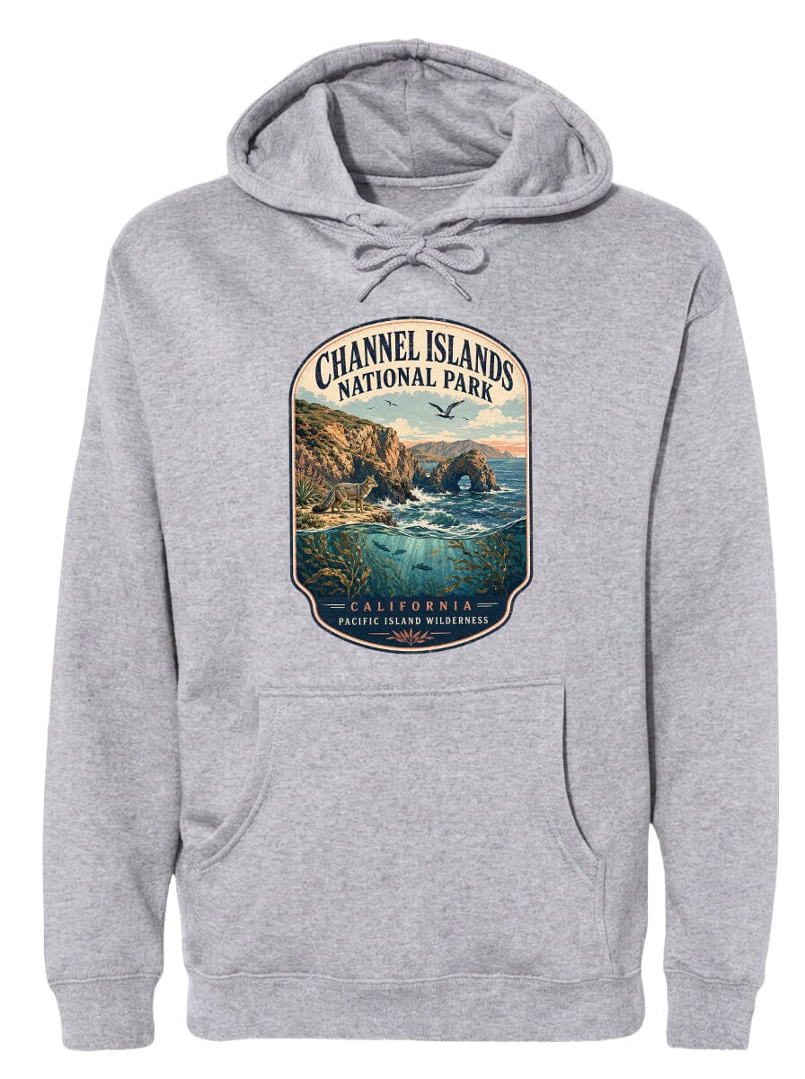 A gray hoodie with a graphic design depicting a scenic landscape featuring a coastal area, mountains, and a body of water.