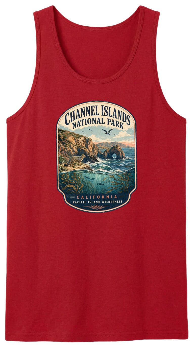 A red tank top with a graphic design depicting a scenic landscape with a body of water, mountains, and a bridge.