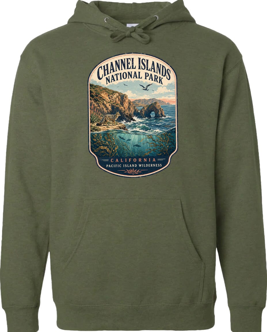 A hoodie with a graphic design depicting a scenic landscape, including a rocky coastline, ocean, and mountains, with the text "Channel Islands National Park" and "California Pacific Island Wilderness" printed on it.