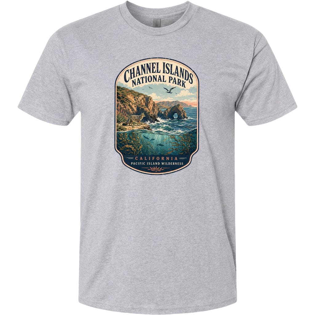 A gray t-shirt with a graphic design depicting a scenic coastal landscape with cliffs, water, and wildlife.