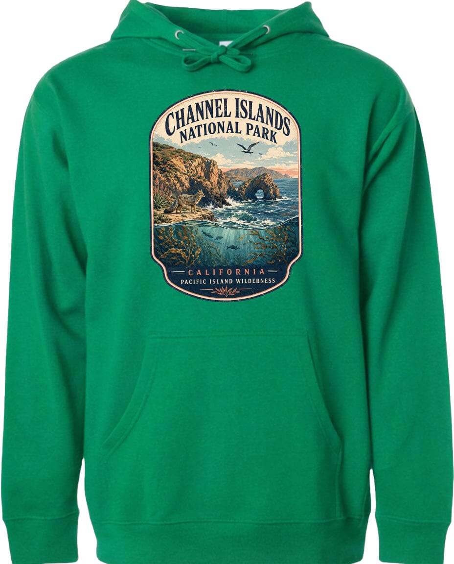 A green hoodie with a graphic design depicting a scenic landscape, including a rocky coastline, ocean, and mountains, along with the text "Channel Islands National Park, California, Pacific Island Wilderness Area".