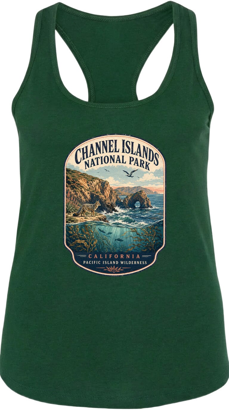 A green tank top with a graphic design depicting a scenic landscape of the Channel Islands National Park in California, featuring a rocky coastline, a bay, and a bird in flight.