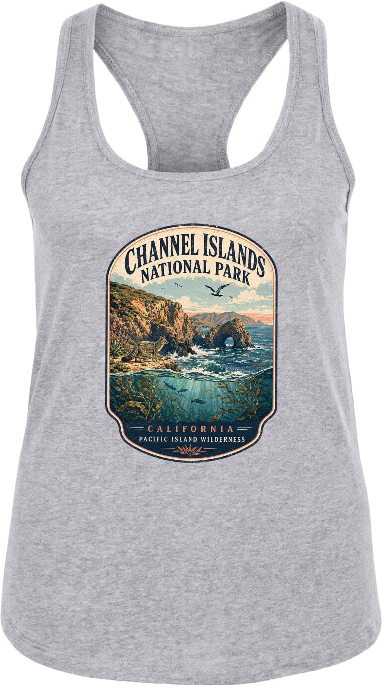 A gray tank top with a graphic design depicting a scenic landscape of the Channel Islands National Park in California, featuring a rocky coastline, ocean, and wildlife.