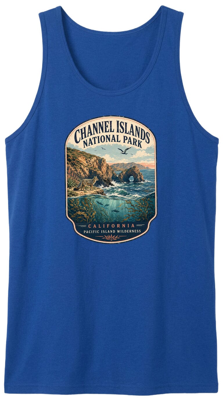 A blue tank top with a graphic design depicting a scenic landscape with a body of water, mountains, and a bridge.