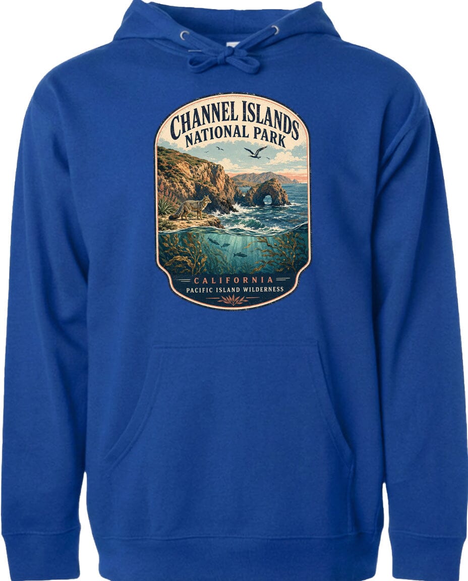 A blue hoodie with a graphic design depicting a scenic landscape featuring a rocky coastline, water, and a bird in flight.