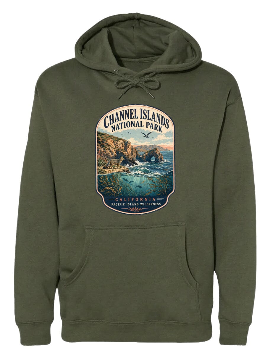 A hooded sweatshirt with a graphic design depicting a scenic landscape, including a coastal area with cliffs, water, and a bird in flight.