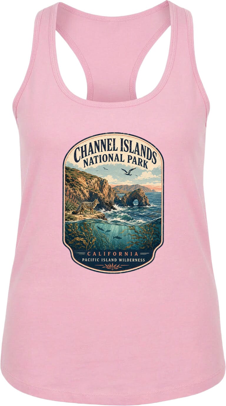 A pink tank top with a graphic design depicting the Channel Islands National Park in California, featuring a scenic landscape with cliffs, water, and wildlife.