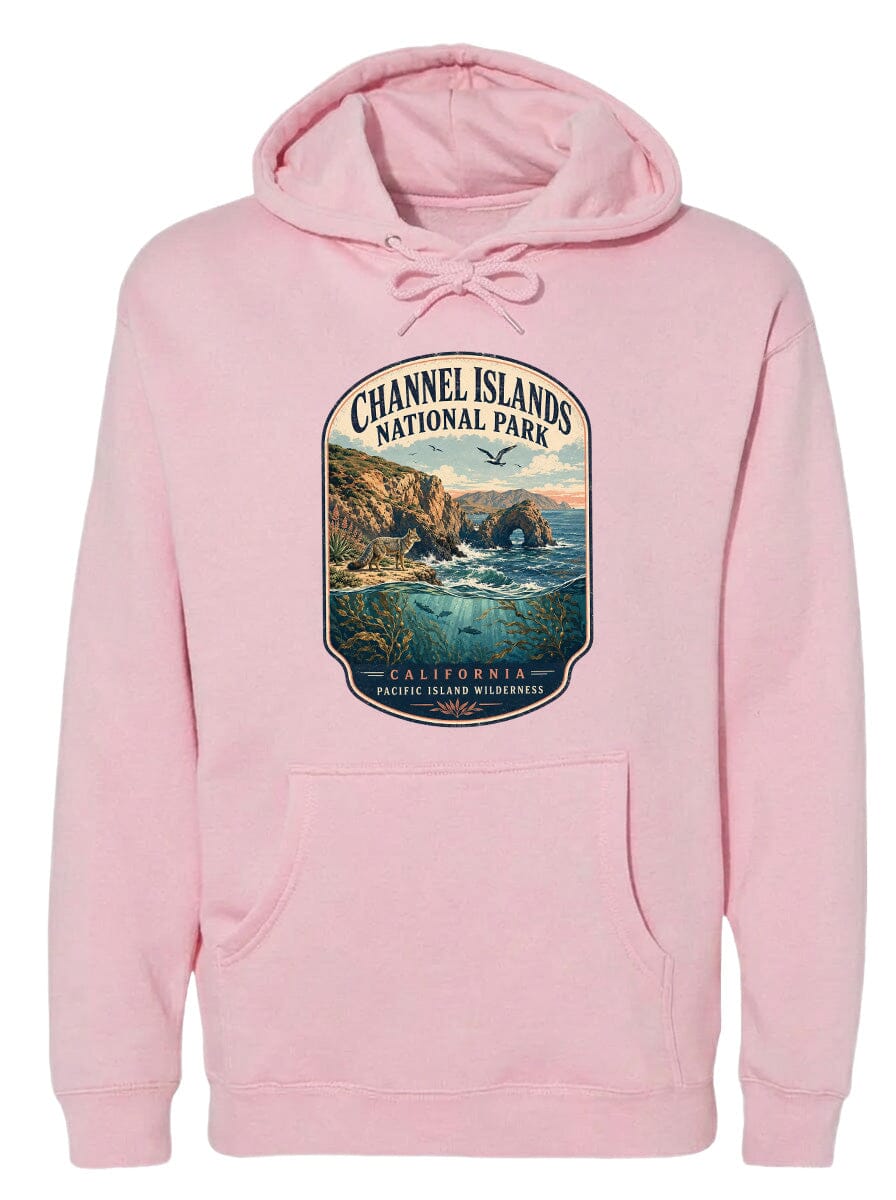A pink hoodie with a graphic design depicting a scenic landscape, including a body of water, mountains, and a bird in flight.