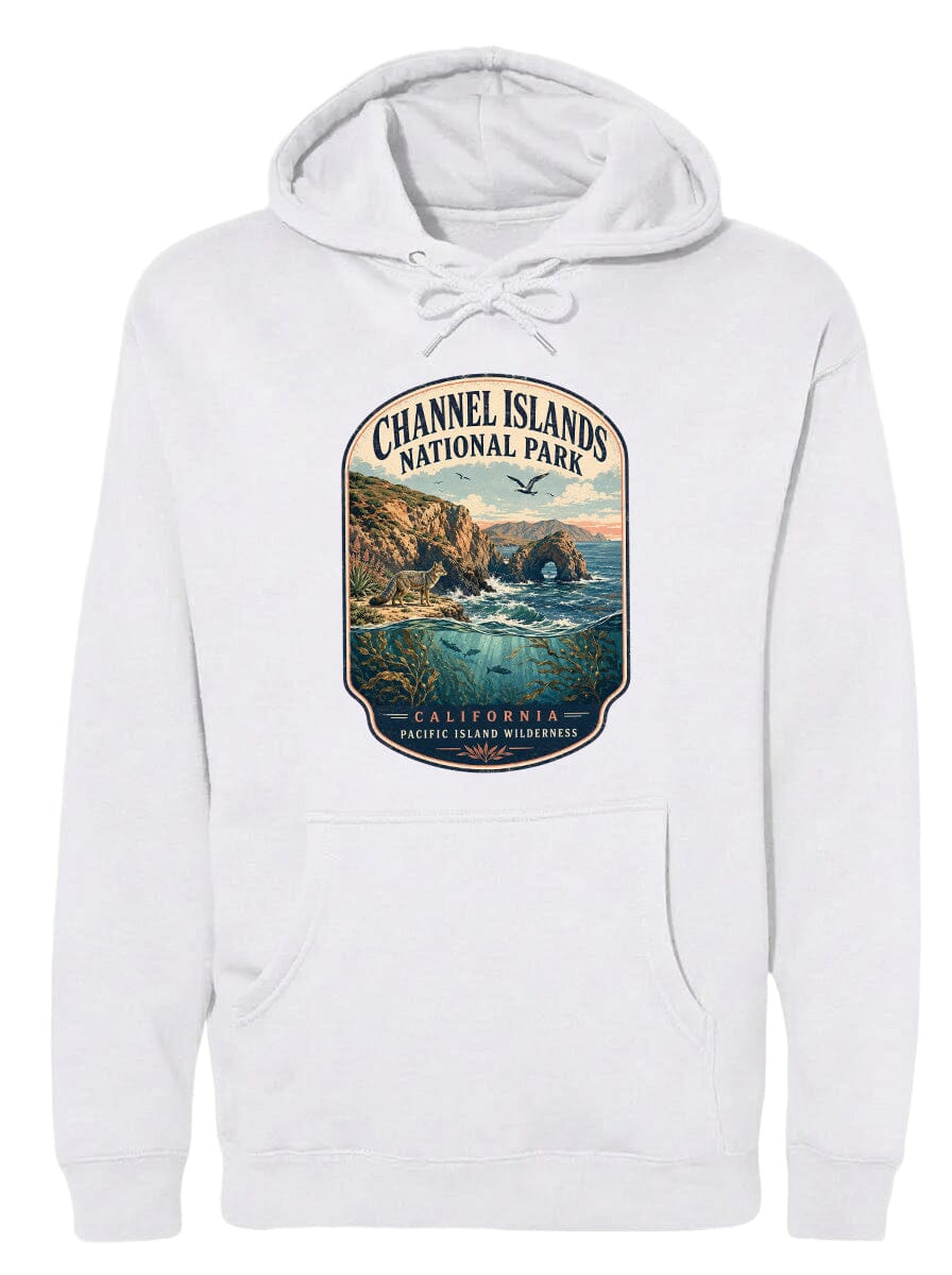 A white hoodie with a graphic design depicting a scenic landscape featuring a coastal area with cliffs, water, and a bird in flight.