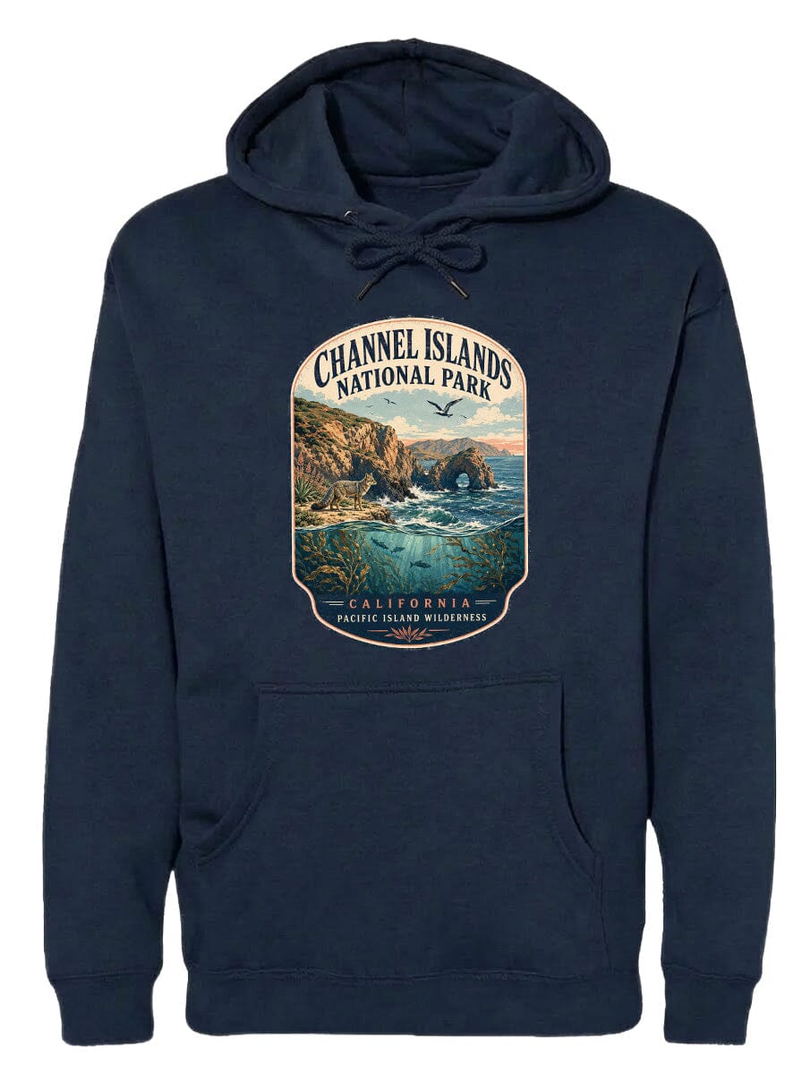 A hooded sweatshirt with a graphic design depicting a scenic landscape, including a body of water, mountains, and a bird in flight.