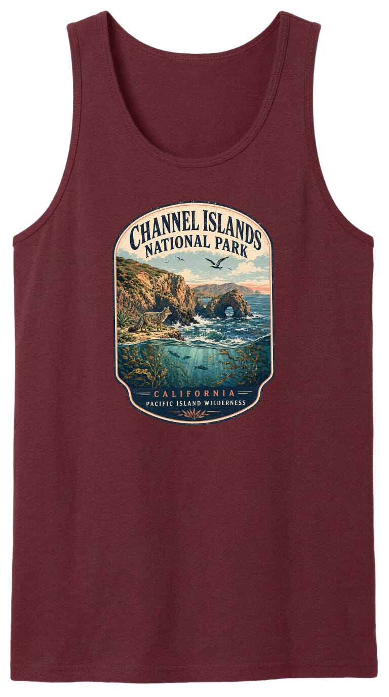 A red tank top with a graphic design depicting a scenic landscape with a body of water, mountains, and a bird in flight.