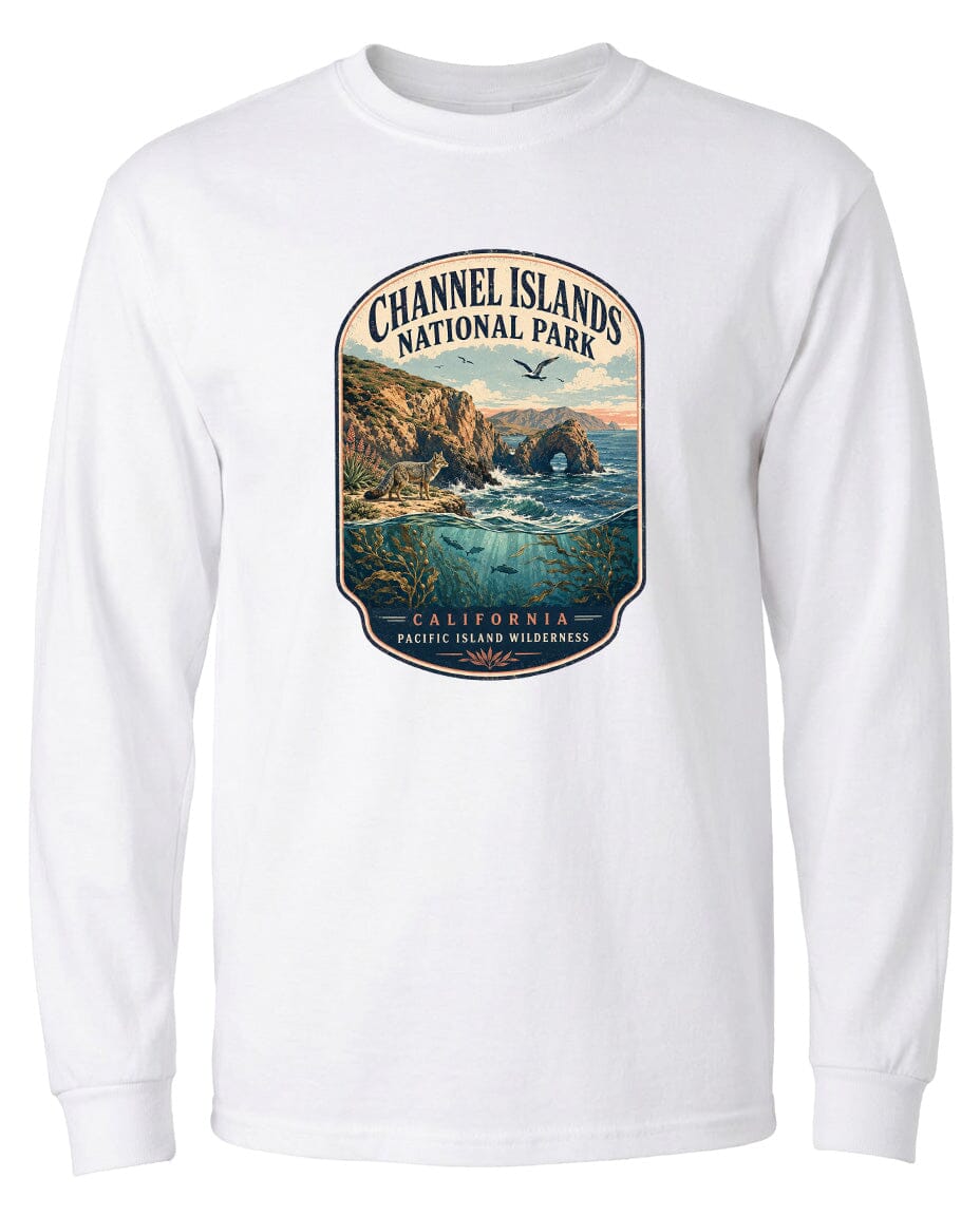 A white long-sleeved t-shirt with a graphic design depicting a scenic landscape featuring a coastal area, cliffs, and water.