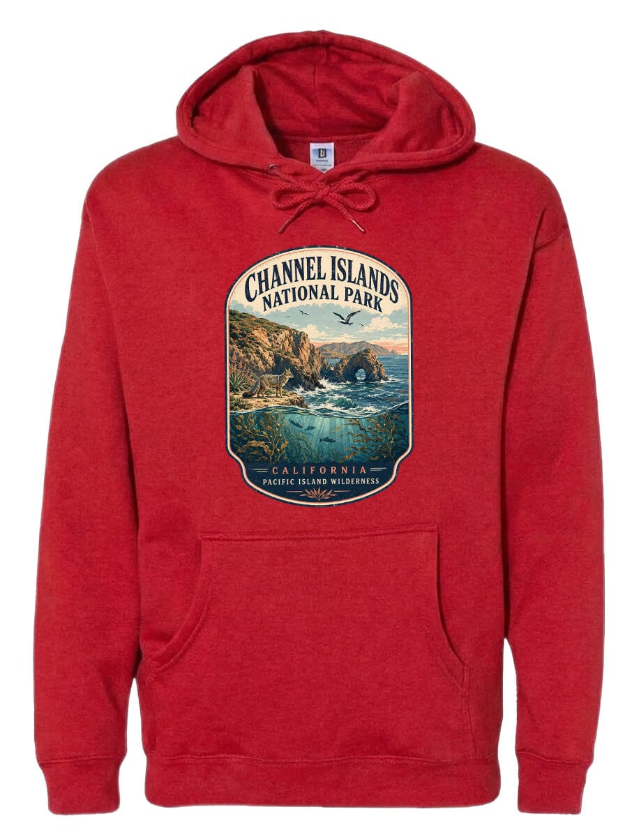 A red hoodie with a graphic design depicting a scenic landscape, including a body of water, mountains, and a bird in flight.